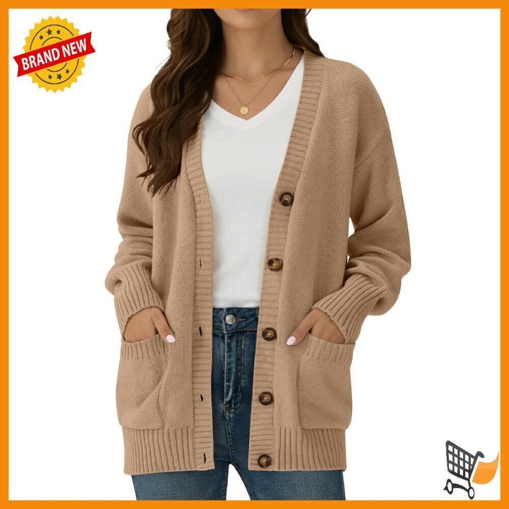 Chunky Cotton Cardigan V-Neck Button Down Long Sleeve Sweater